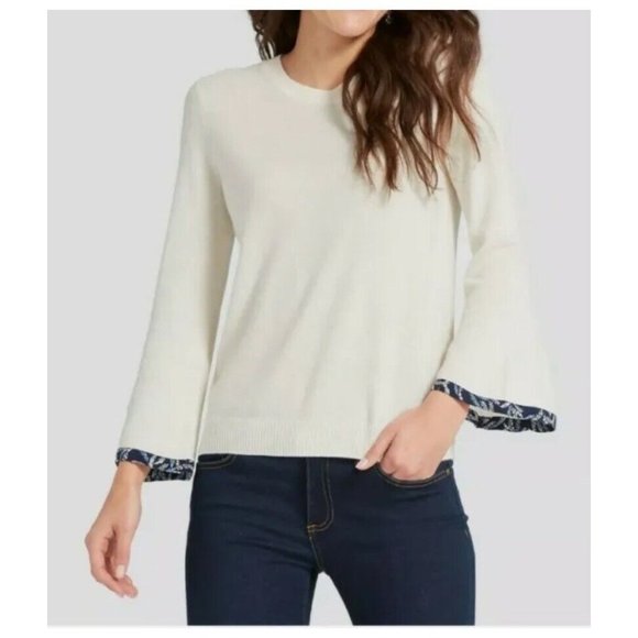 Draper James Sweaters - Draper James Sweater Medium Cream Viscose Wool Cashmere Blue Trimmed Bell Sleeve